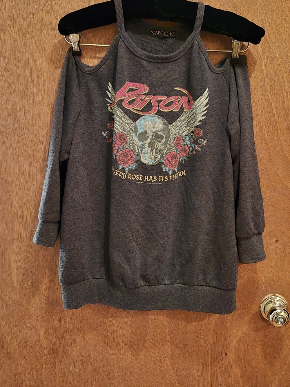 Vinyl Icons "Poison" Branded Cold Shoulder Sweater in Dark Charcoal